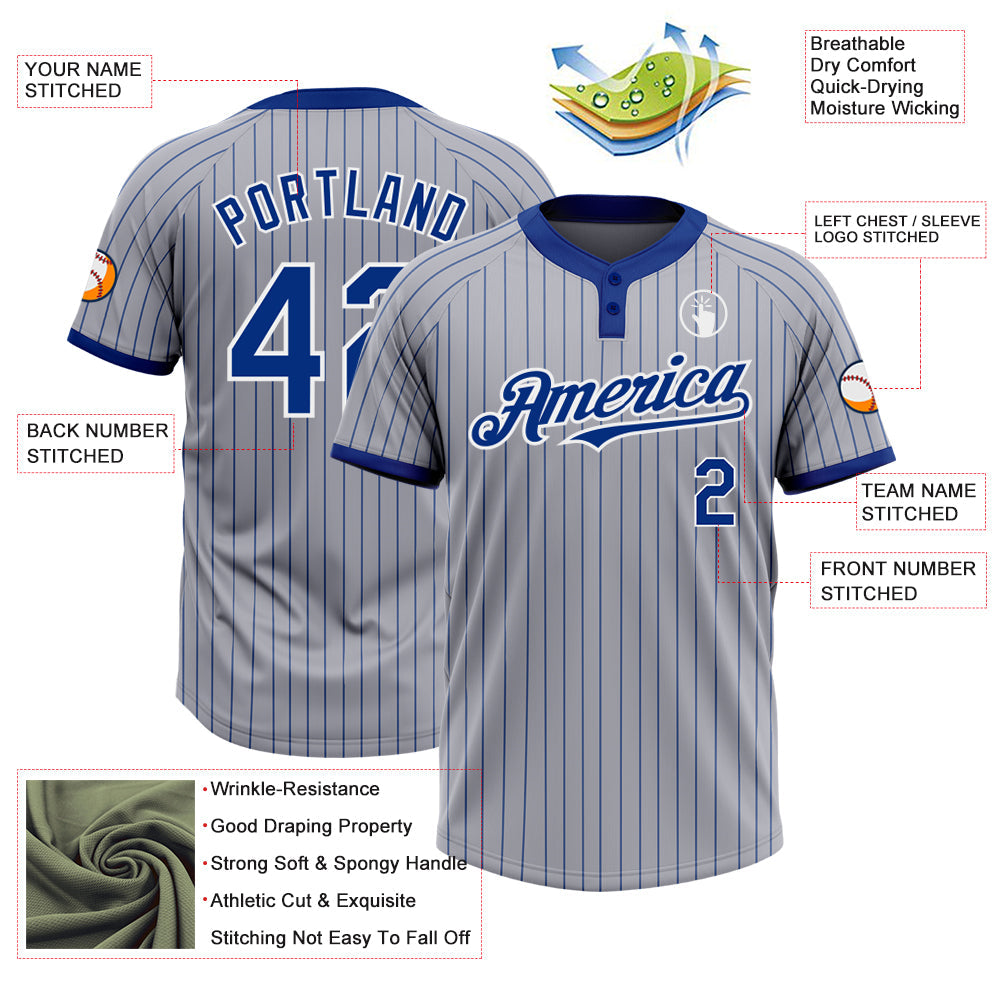 Custom Gray Royal Pinstripe White Two-Button Unisex Softball Jersey view 3
