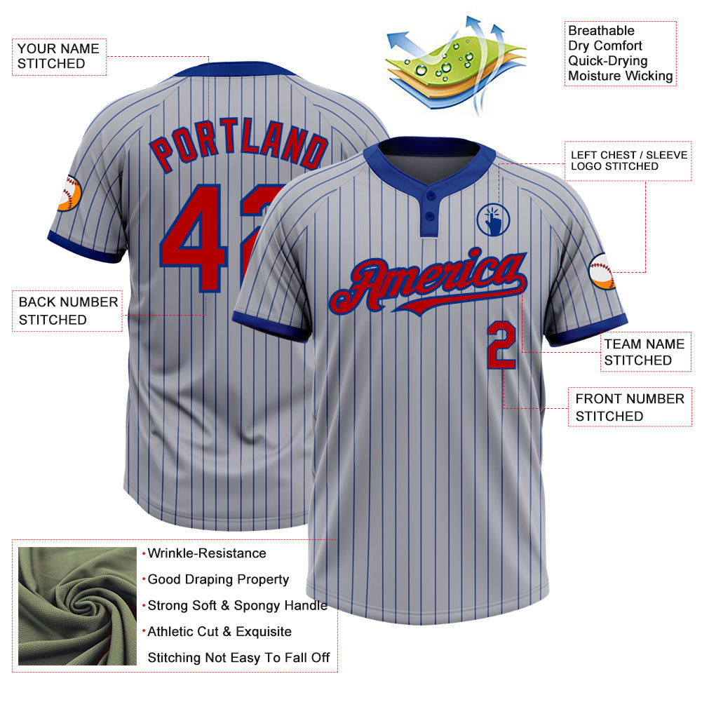 Custom Gray Royal Pinstripe Red Two-Button Unisex Softball Jersey view 3