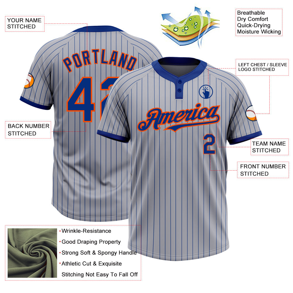 Custom Gray Royal Pinstripe Orange Two-Button Unisex Softball Jersey view 3