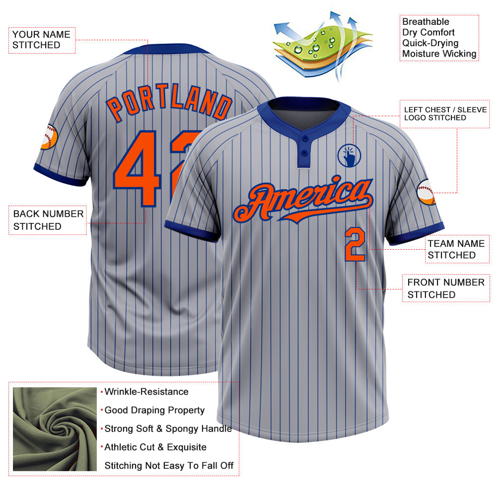 Custom Gray Royal Pinstripe Orange Two-Button Unisex Softball Jersey view 3