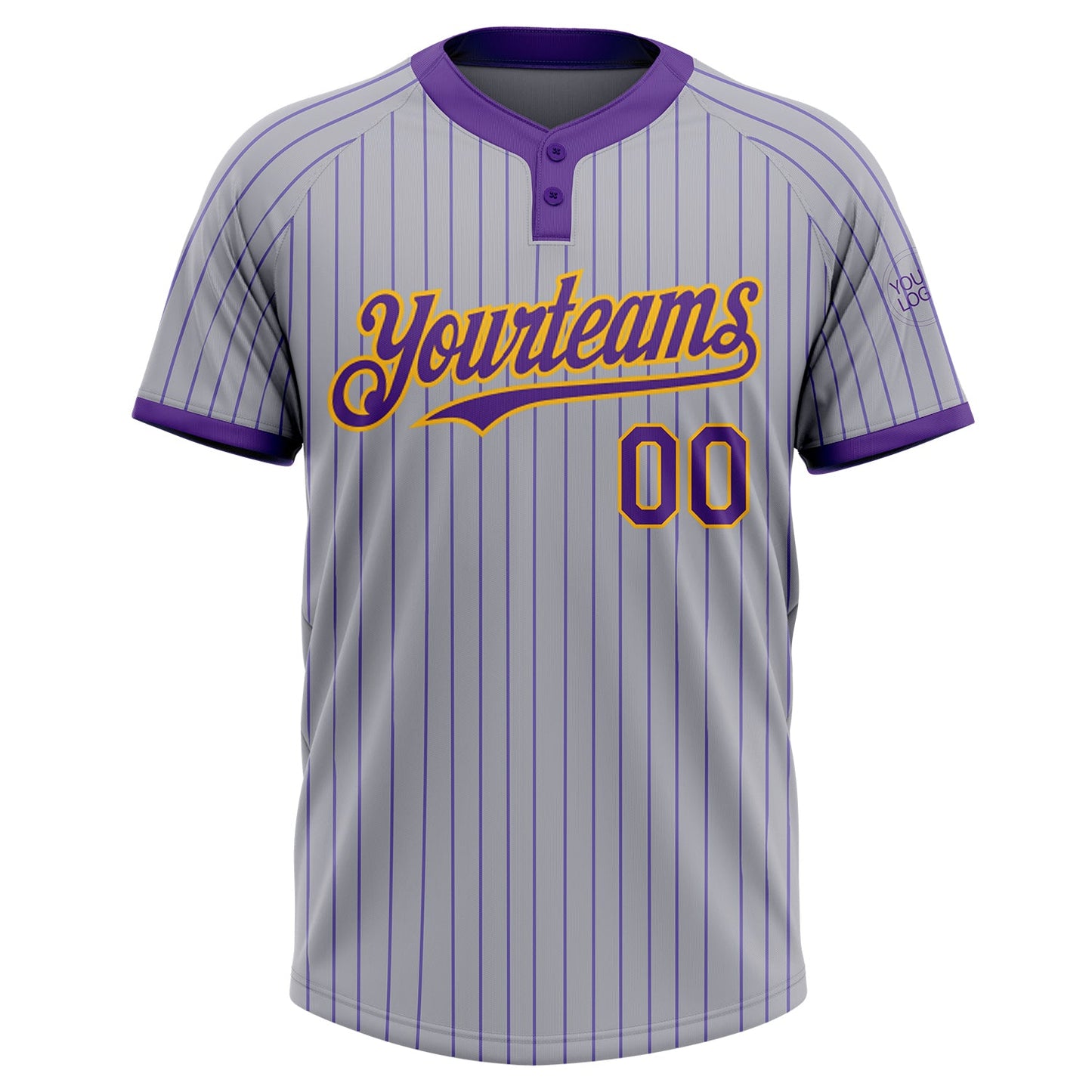 Custom Gray Purple Pinstripe Gold Two-Button Unisex Softball Jersey view 2