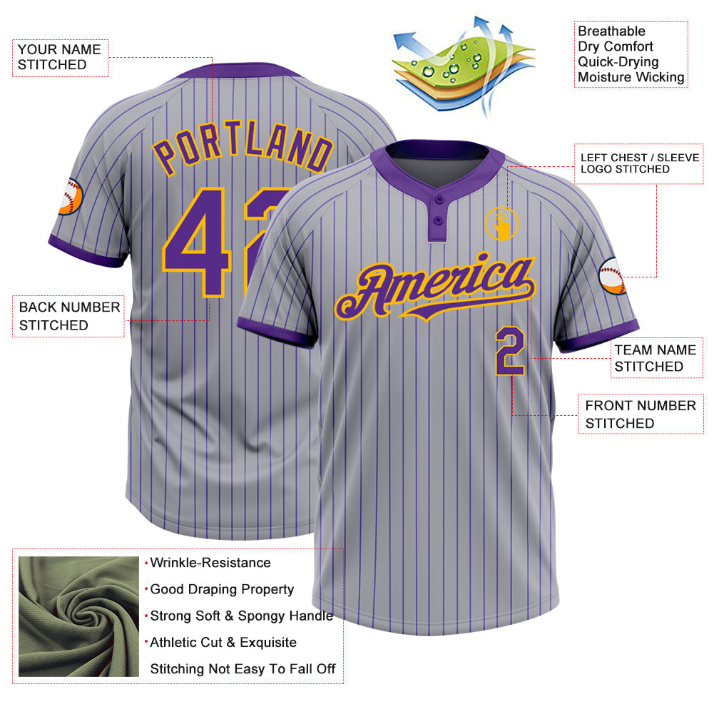 Custom Gray Purple Pinstripe Gold Two-Button Unisex Softball Jersey view 3