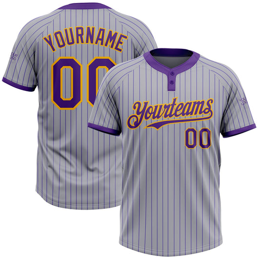 Custom Gray Purple Pinstripe Gold Two-Button Unisex Softball Jersey - Main View