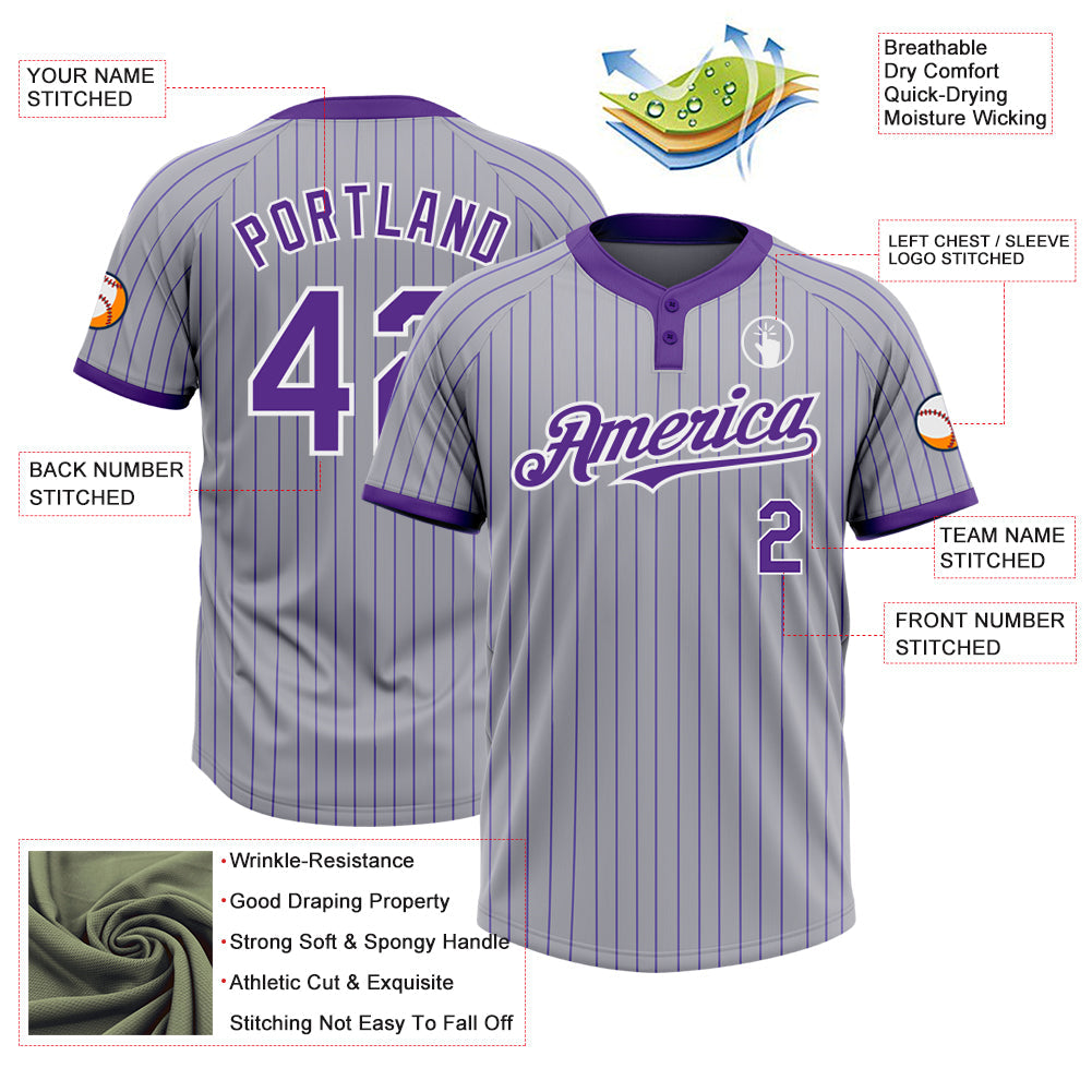 Custom Gray Purple Pinstripe White Two-Button Unisex Softball Jersey view 3