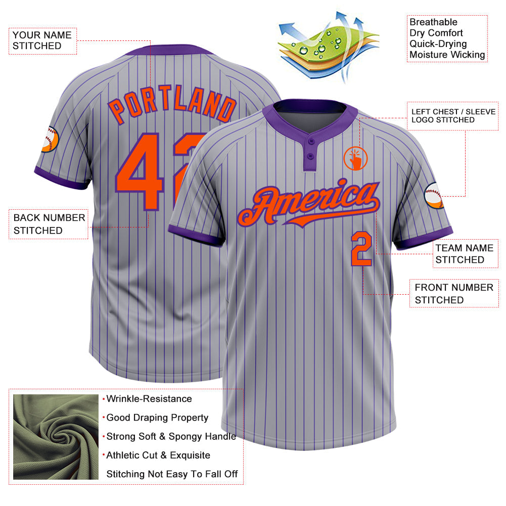 Custom Gray Purple Pinstripe Orange Two-Button Unisex Softball Jersey view 3