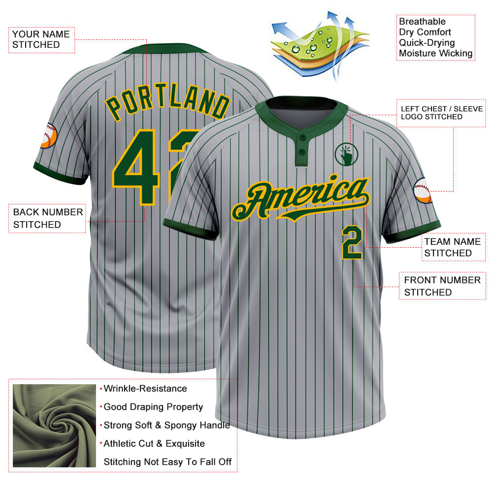Custom Gray Green Pinstripe Gold Two-Button Unisex Softball Jersey view 3