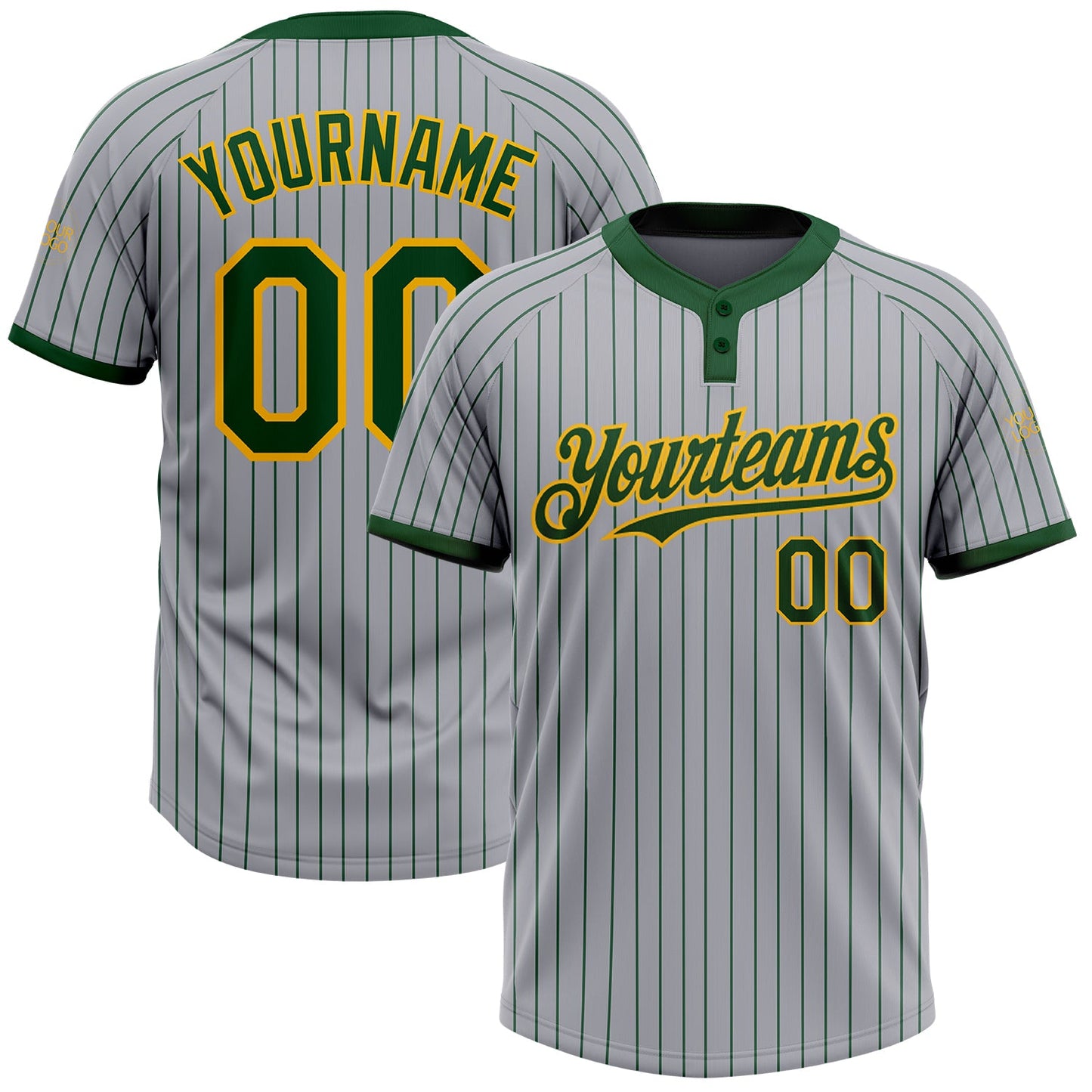 Custom Gray Green Pinstripe Gold Two-Button Unisex Softball Jersey - Main View