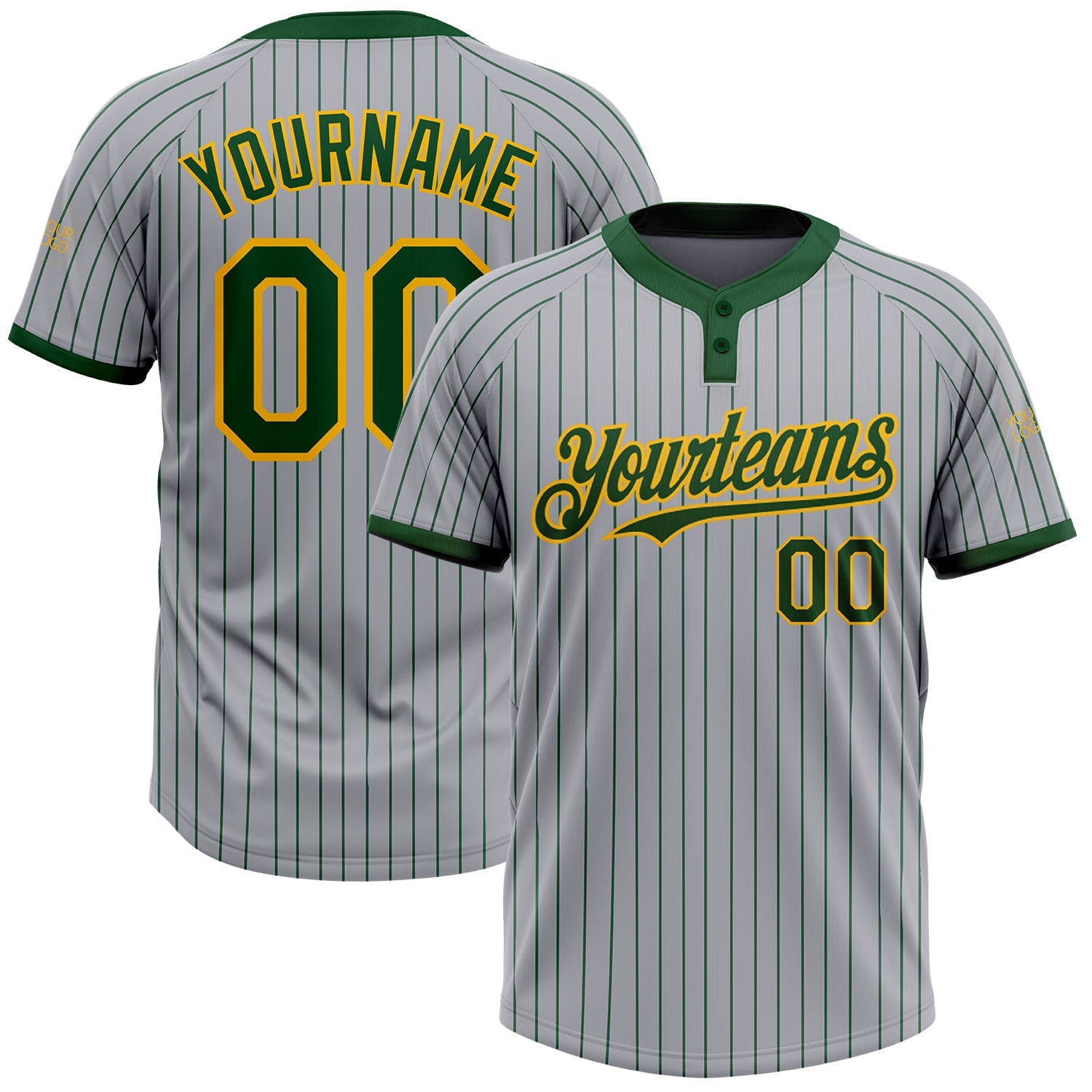 Custom Gray Green Pinstripe Gold Two-Button Unisex Softball Jersey - Main View