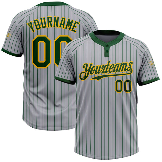 Custom Gray Green Pinstripe Gold Two-Button Unisex Softball Jersey - Main View