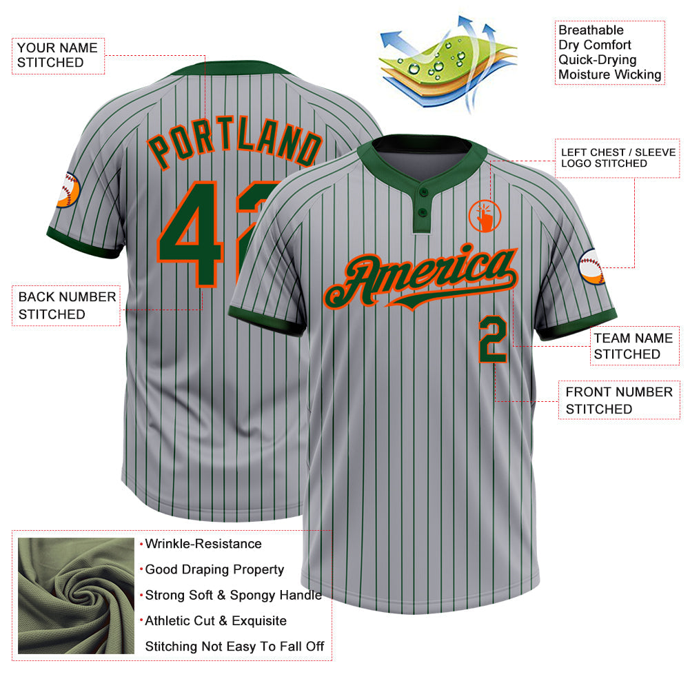 Custom Gray Green Pinstripe Orange Two-Button Unisex Softball Jersey view 3