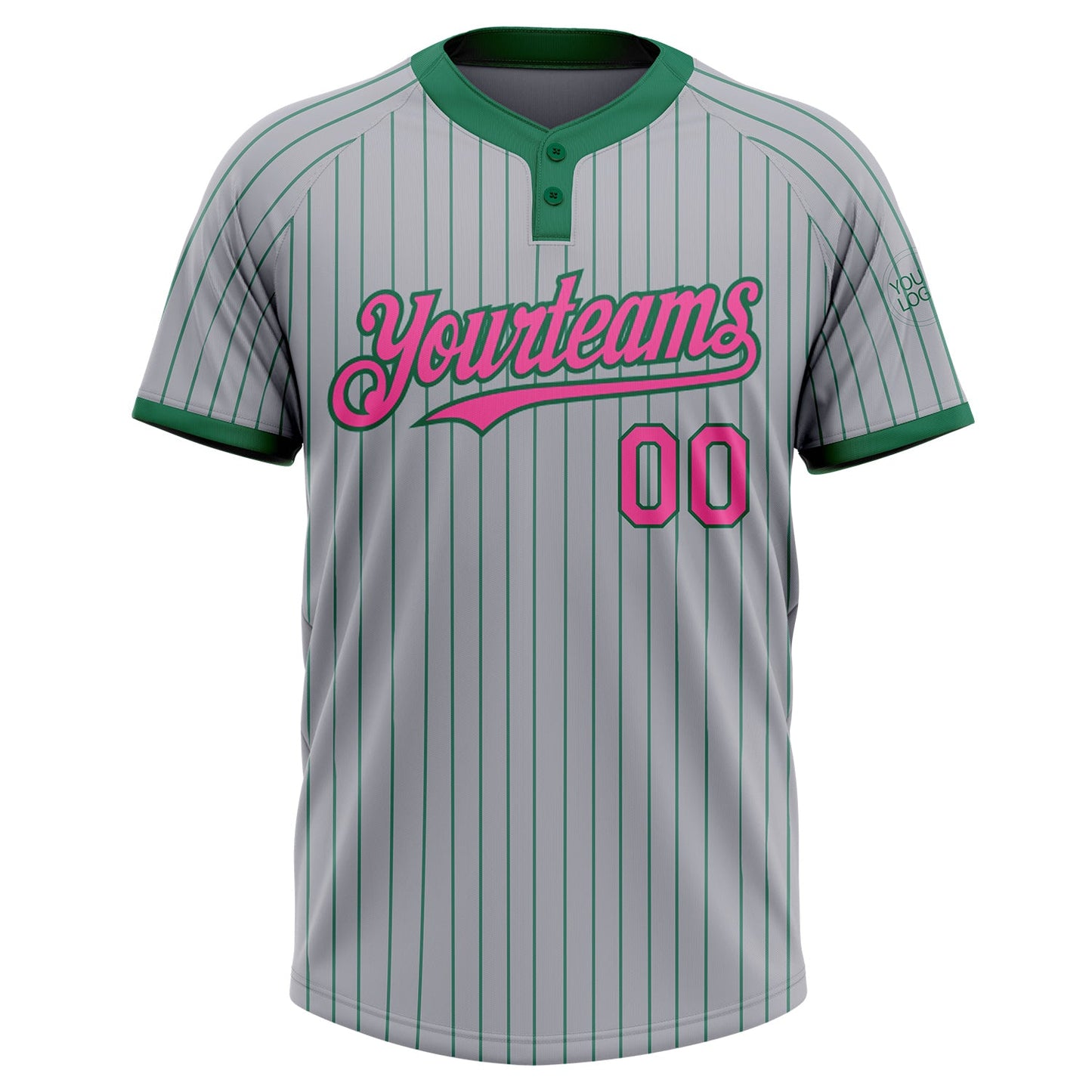Custom Gray Kelly Green Pinstripe Pink Two-Button Unisex Softball Jersey view 2
