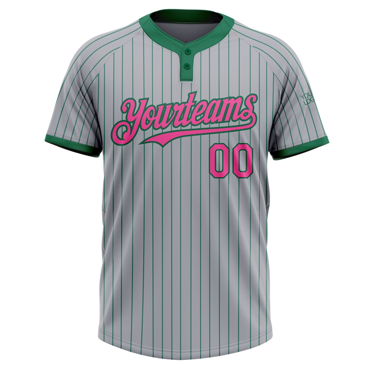 Custom Gray Kelly Green Pinstripe Pink Two-Button Unisex Softball Jersey view 2