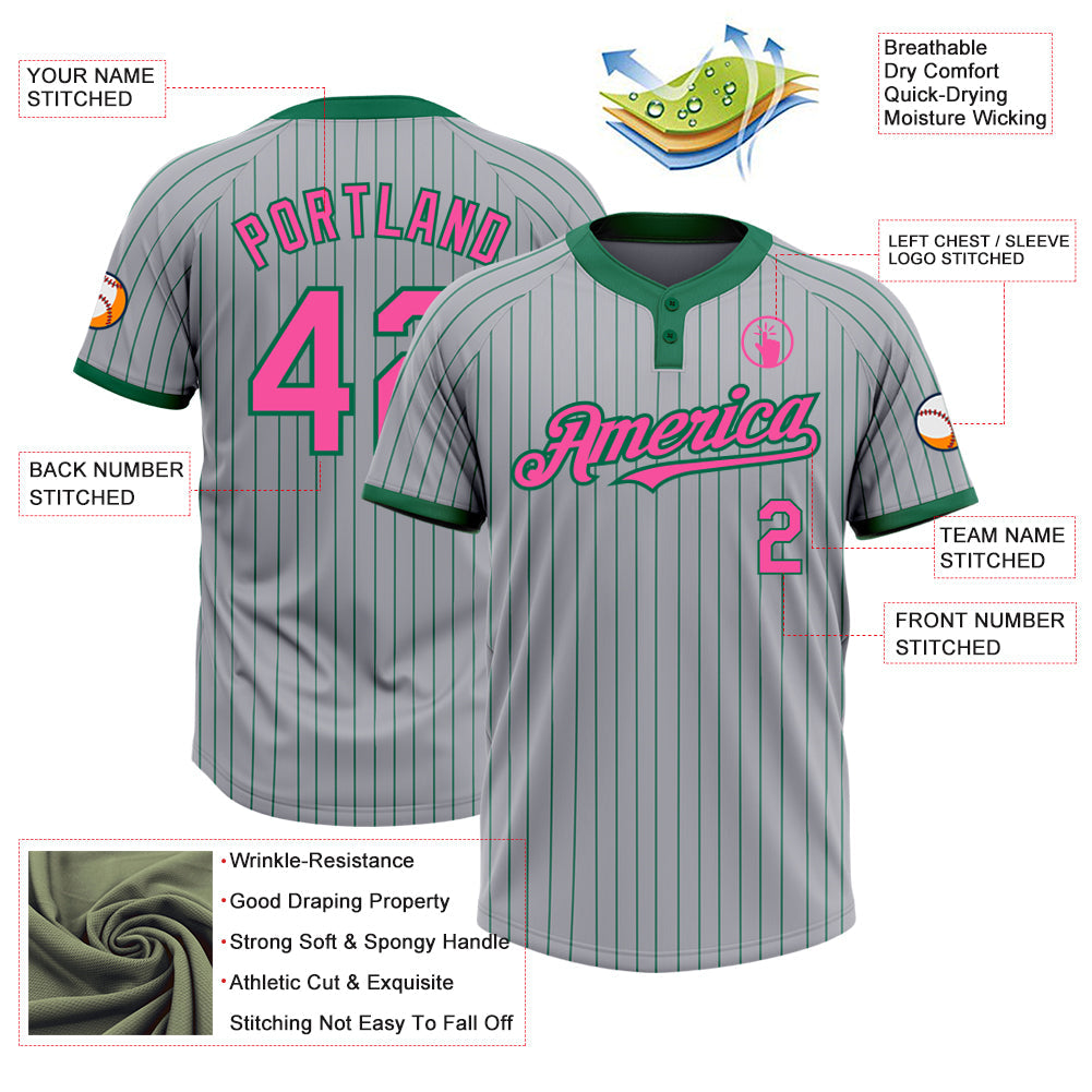 Custom Gray Kelly Green Pinstripe Pink Two-Button Unisex Softball Jersey view 3