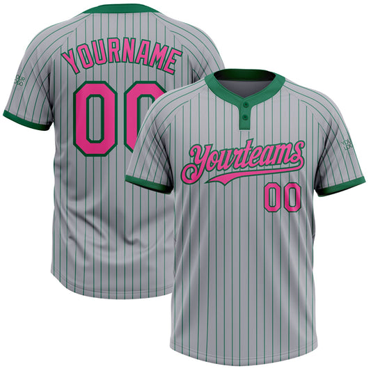 Custom Gray Kelly Green Pinstripe Pink Two-Button Unisex Softball Jersey - Main View