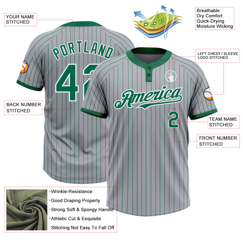 Custom Gray Kelly Green Pinstripe White Two-Button Unisex Softball Jersey view 4