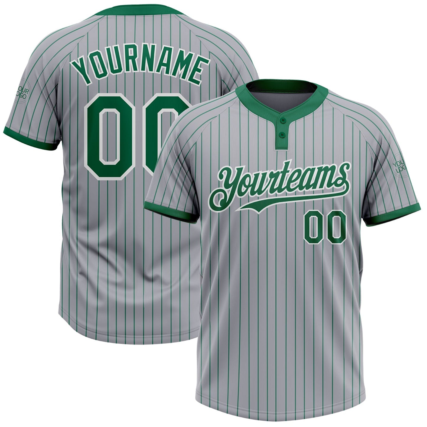 Custom Gray Kelly Green Pinstripe White Two-Button Unisex Softball Jersey - Main View