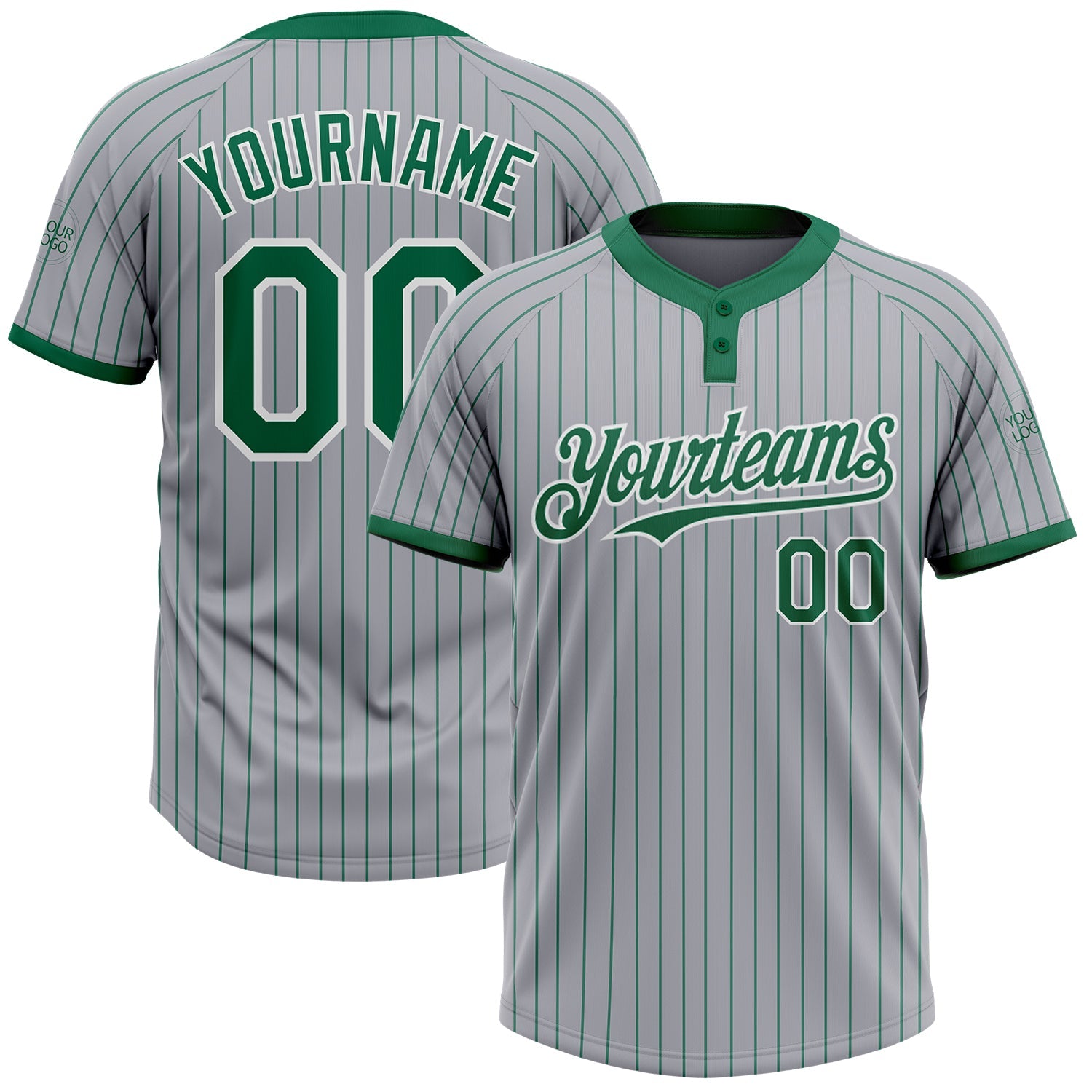 Custom Gray Kelly Green Pinstripe White Two-Button Unisex Softball Jersey - Main View