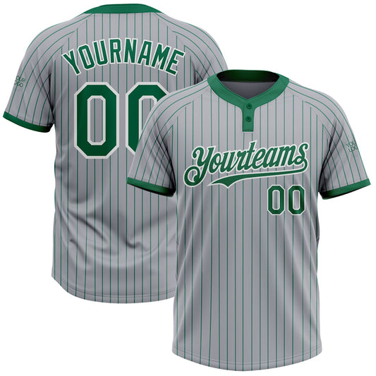Custom Gray Kelly Green Pinstripe White Two-Button Unisex Softball Jersey - Main View