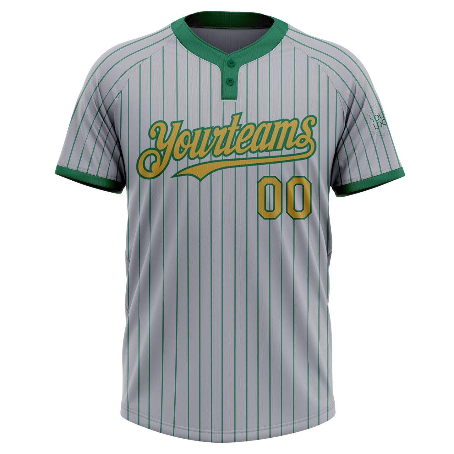 Custom Gray Kelly Green Pinstripe Old Gold Two-Button Unisex Softball Jersey view 2