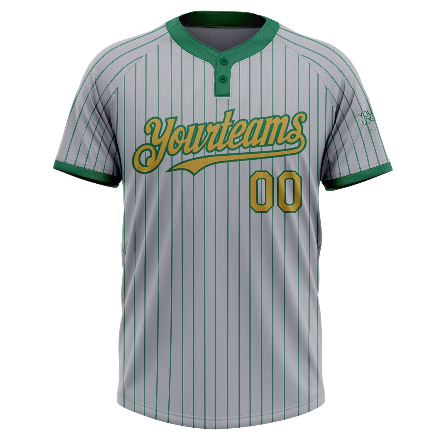 Custom Gray Kelly Green Pinstripe Old Gold Two-Button Unisex Softball Jersey view 2