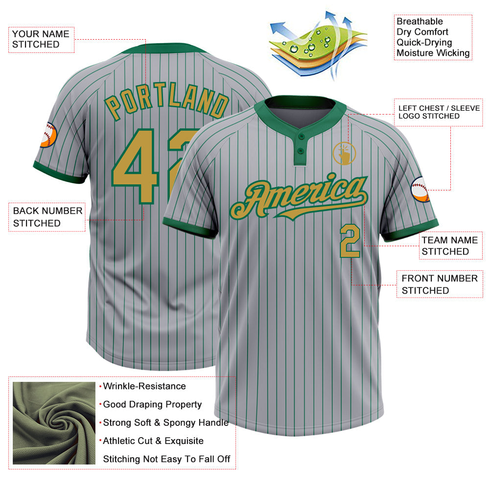Custom Gray Kelly Green Pinstripe Old Gold Two-Button Unisex Softball Jersey view 3