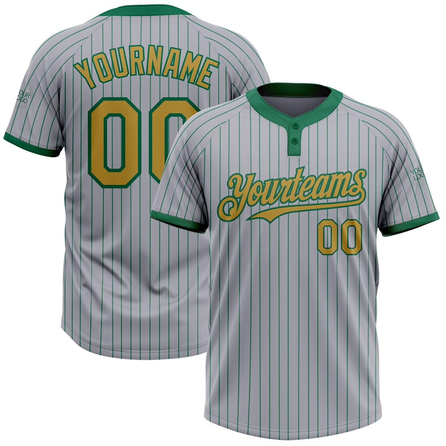 Custom Gray Kelly Green Pinstripe Old Gold Two-Button Unisex Softball Jersey - Main View