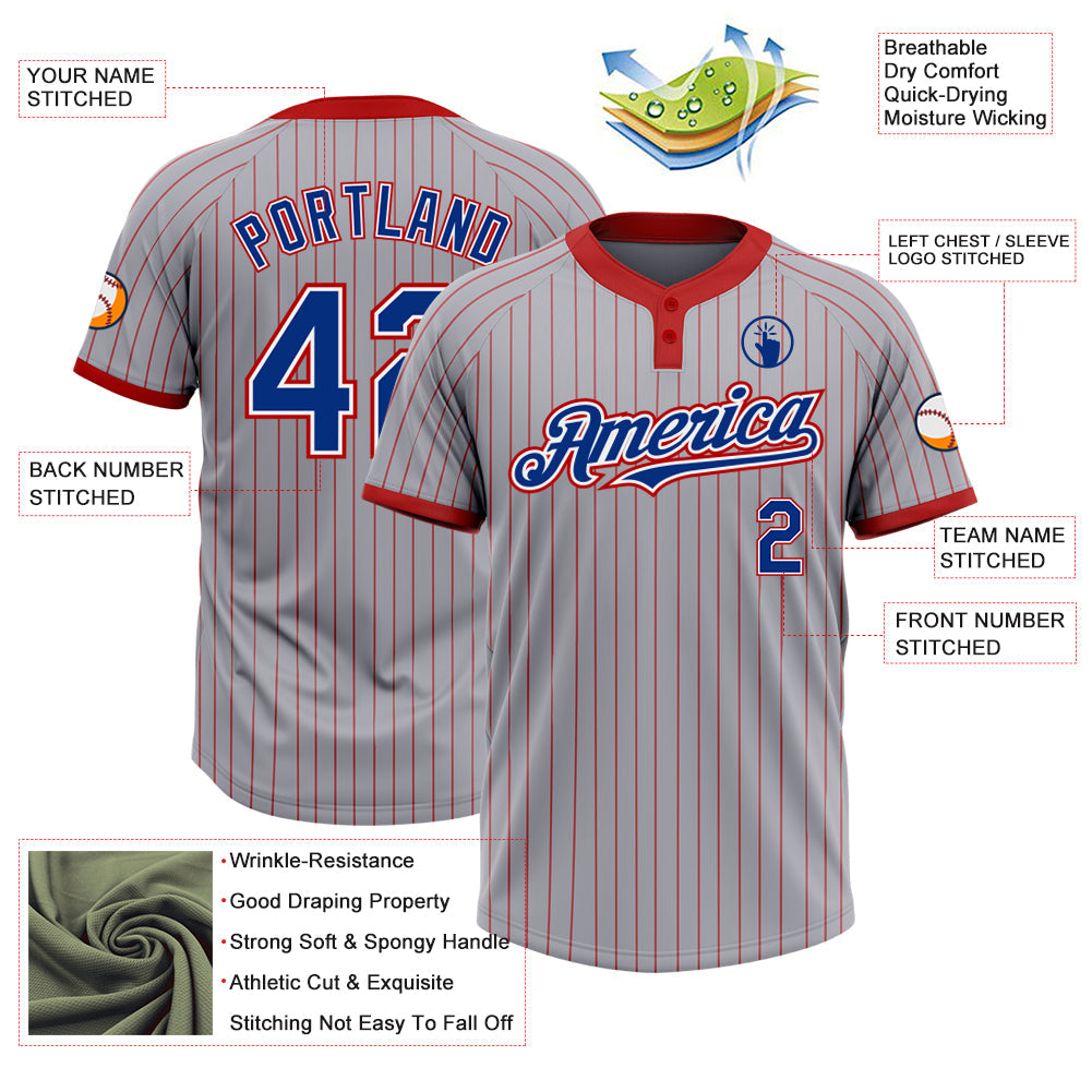 Custom Gray Red Pinstripe Roya-White Two-Button Unisex Softball Jersey view 3