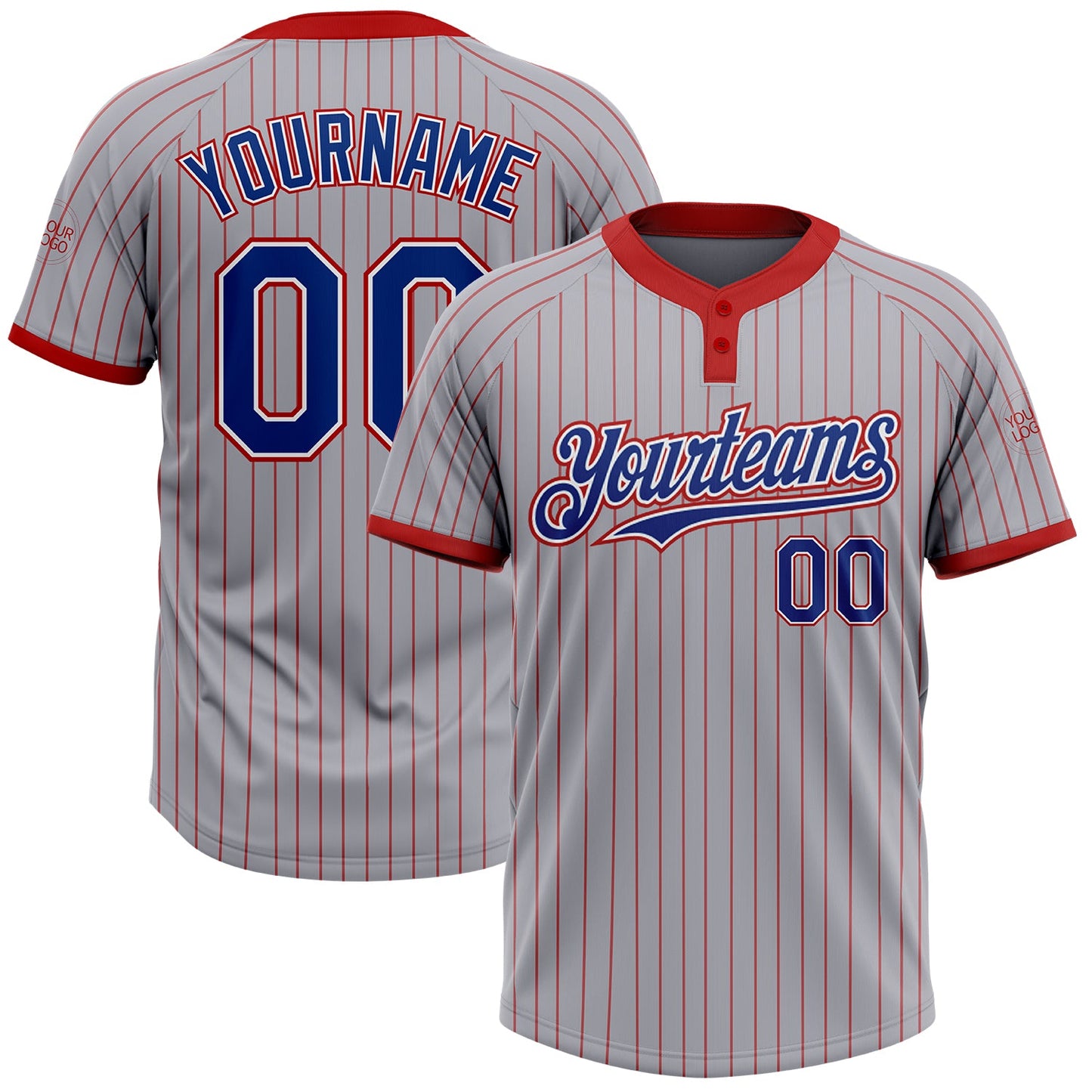 Custom Gray Red Pinstripe Roya-White Two-Button Unisex Softball Jersey - Main View