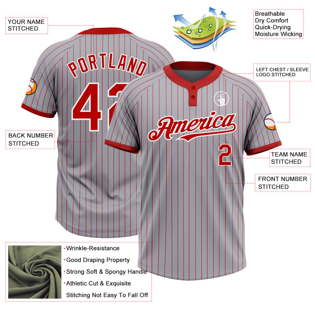 Custom Gray Red Pinstripe White Two-Button Unisex Softball Jersey view 3
