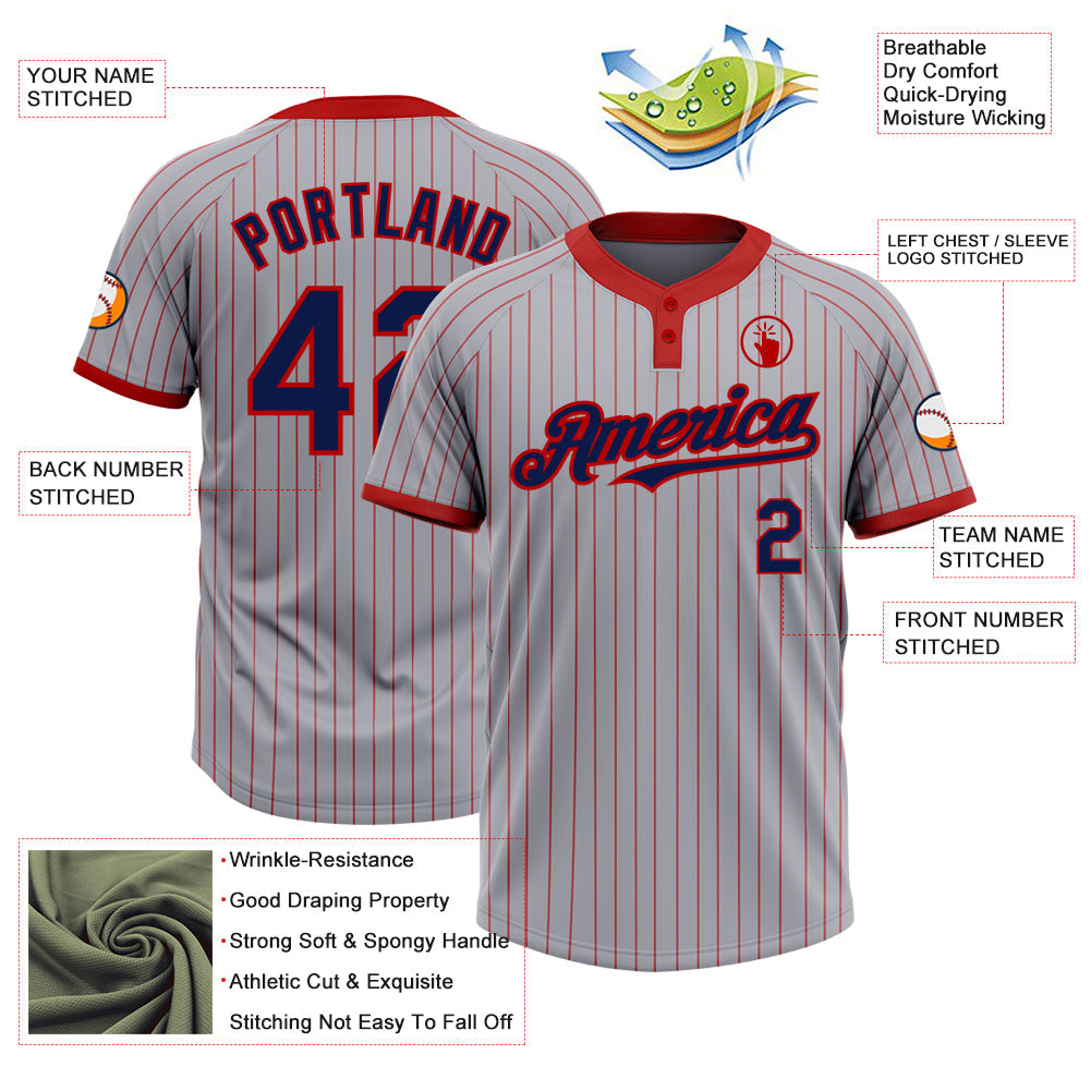Custom Gray Red Pinstripe Navy Two-Button Unisex Softball Jersey view 3