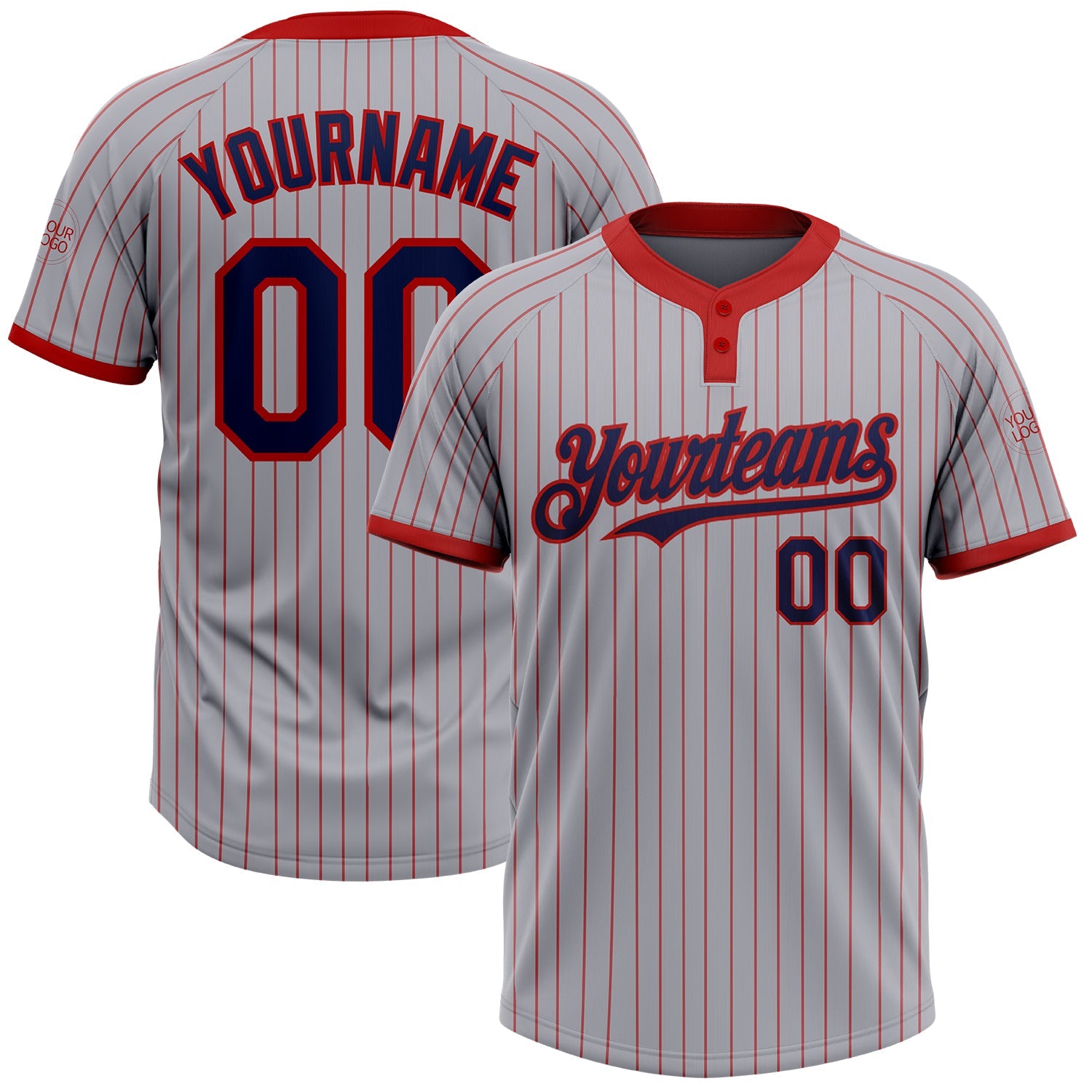 Custom Gray Red Pinstripe Navy Two-Button Unisex Softball Jersey - Main View