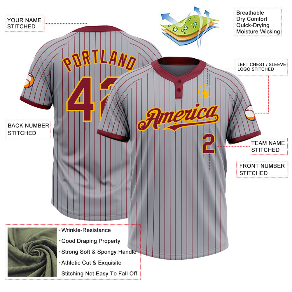 Custom Gray Crimson Pinstripe Gold Two-Button Unisex Softball Jersey view 3