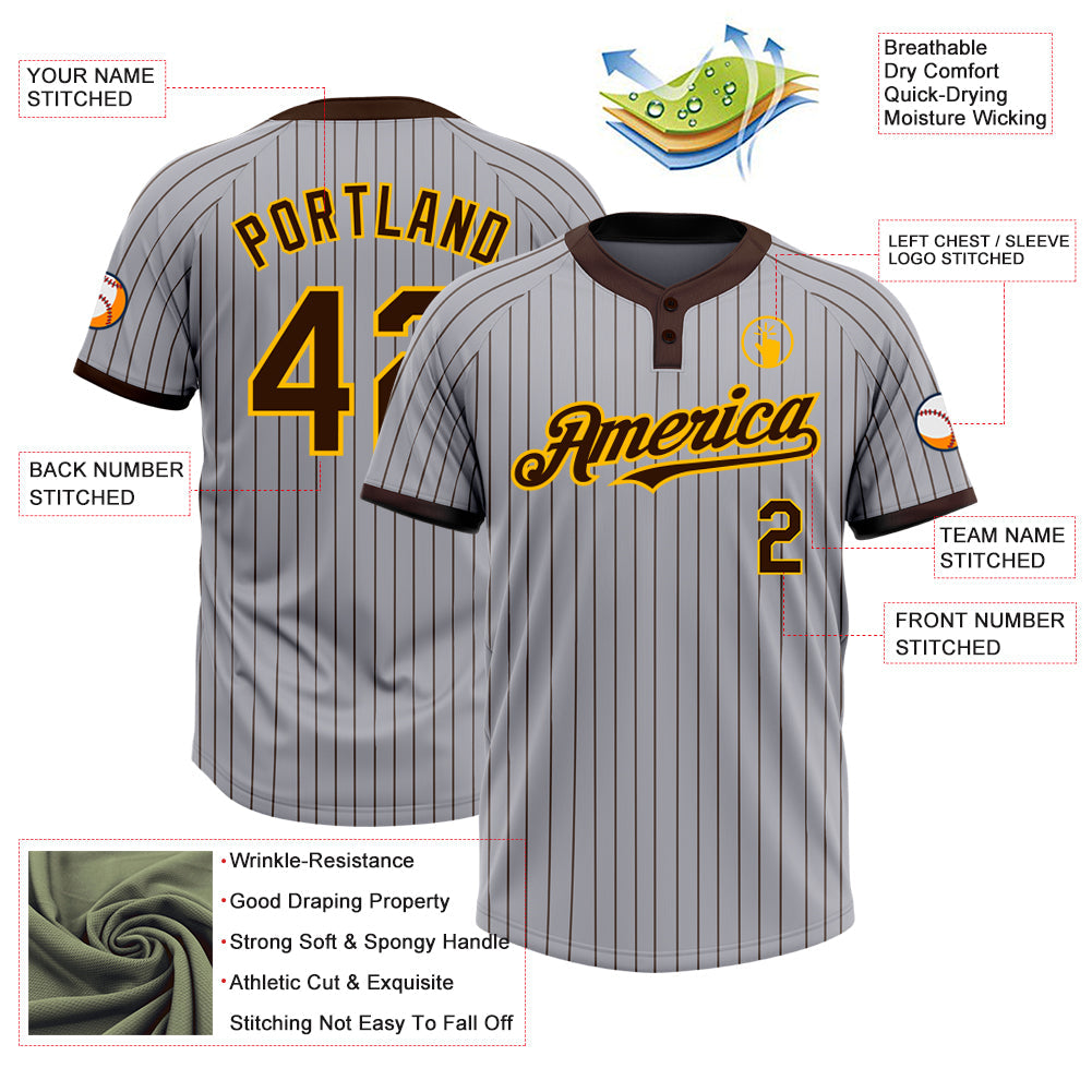 Custom Gray Brown Pinstripe Gold Two-Button Unisex Softball Jersey view 3