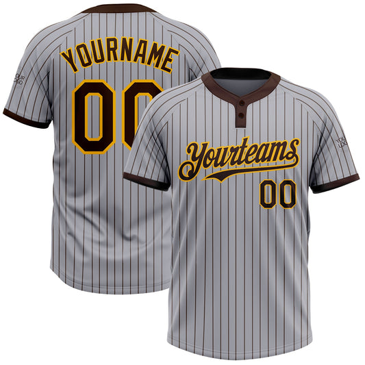 Custom Gray Brown Pinstripe Gold Two-Button Unisex Softball Jersey - Main View