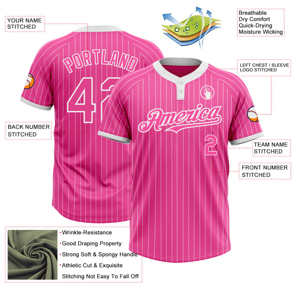 Custom Pink White Pinstripe White Two-Button Unisex Softball Jersey view 3