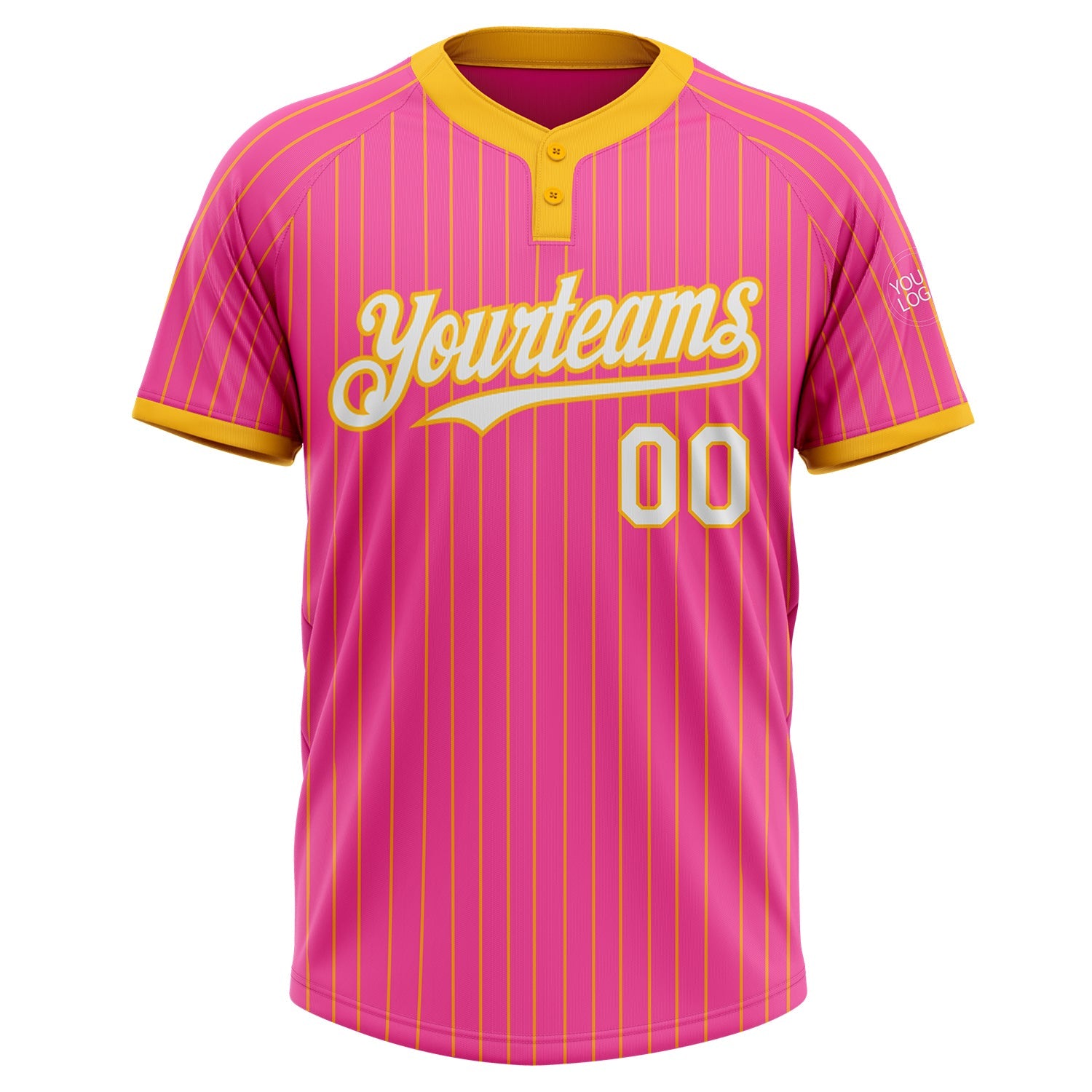 Custom Pink Gold Pinstripe White Two-Button Unisex Softball Jersey view 2