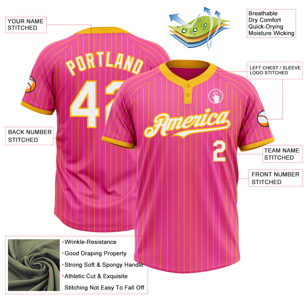 Custom Pink Gold Pinstripe White Two-Button Unisex Softball Jersey view 3