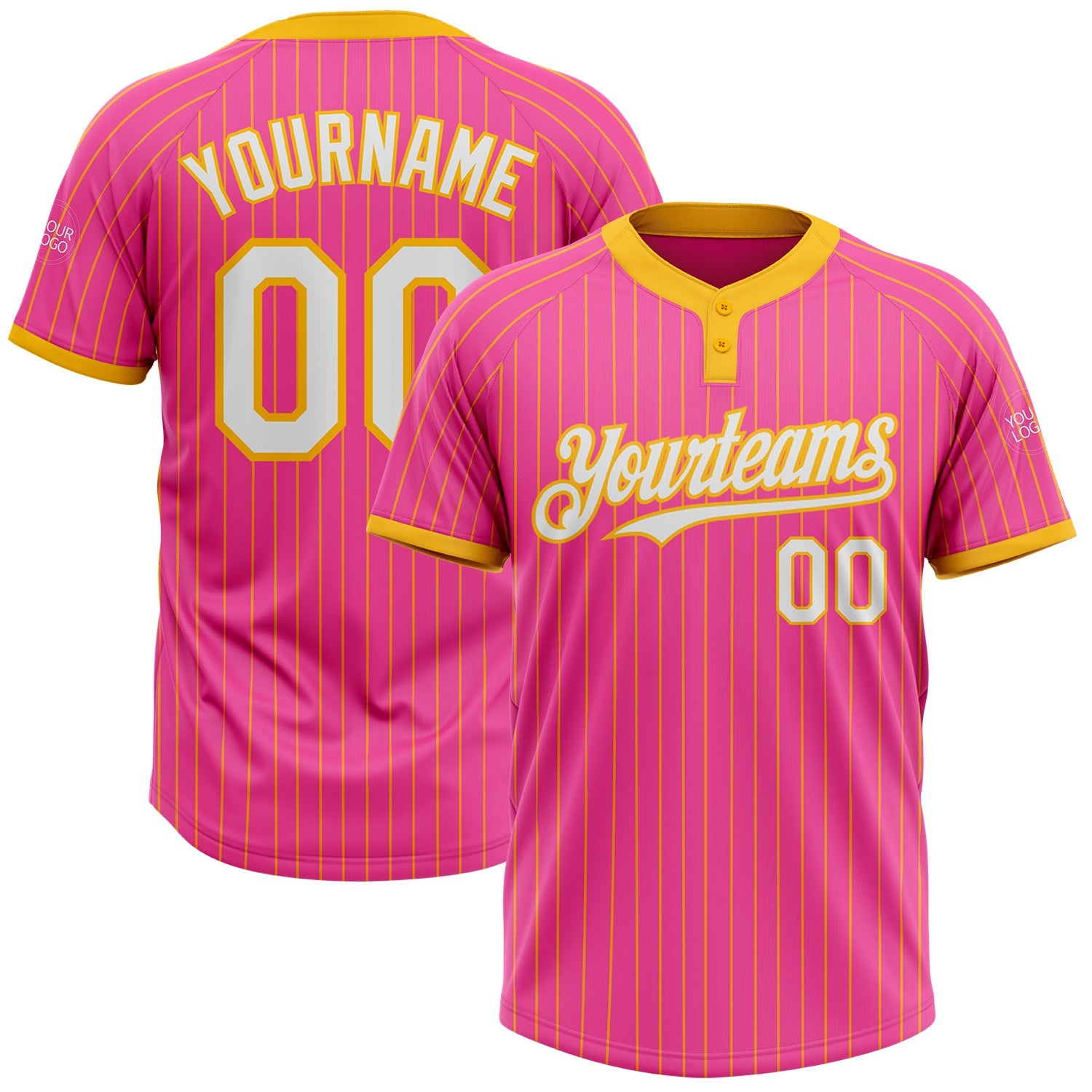 Custom Pink Gold Pinstripe White Two-Button Unisex Softball Jersey - Main View