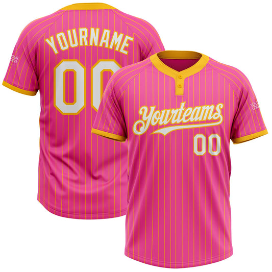 Custom Pink Gold Pinstripe White Two-Button Unisex Softball Jersey - Main View