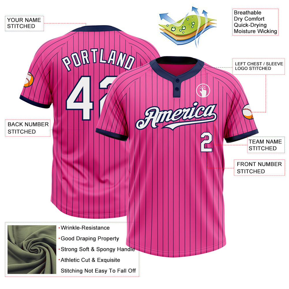 Custom Pink Navy Pinstripe White Two-Button Unisex Softball Jersey view 3