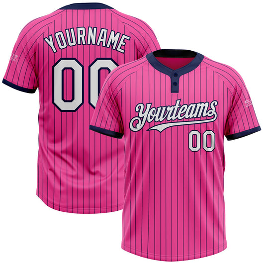 Custom Pink Navy Pinstripe White Two-Button Unisex Softball Jersey - Main View