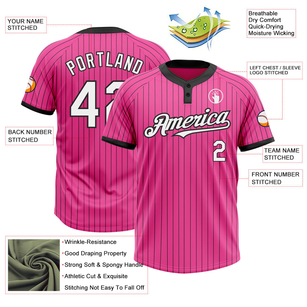 Custom Pink Black Pinstripe White Two-Button Unisex Softball Jersey view 3