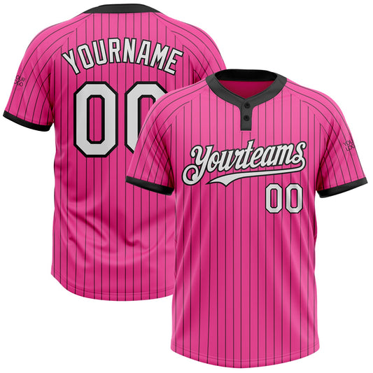 Custom Pink Black Pinstripe White Two-Button Unisex Softball Jersey - Main View