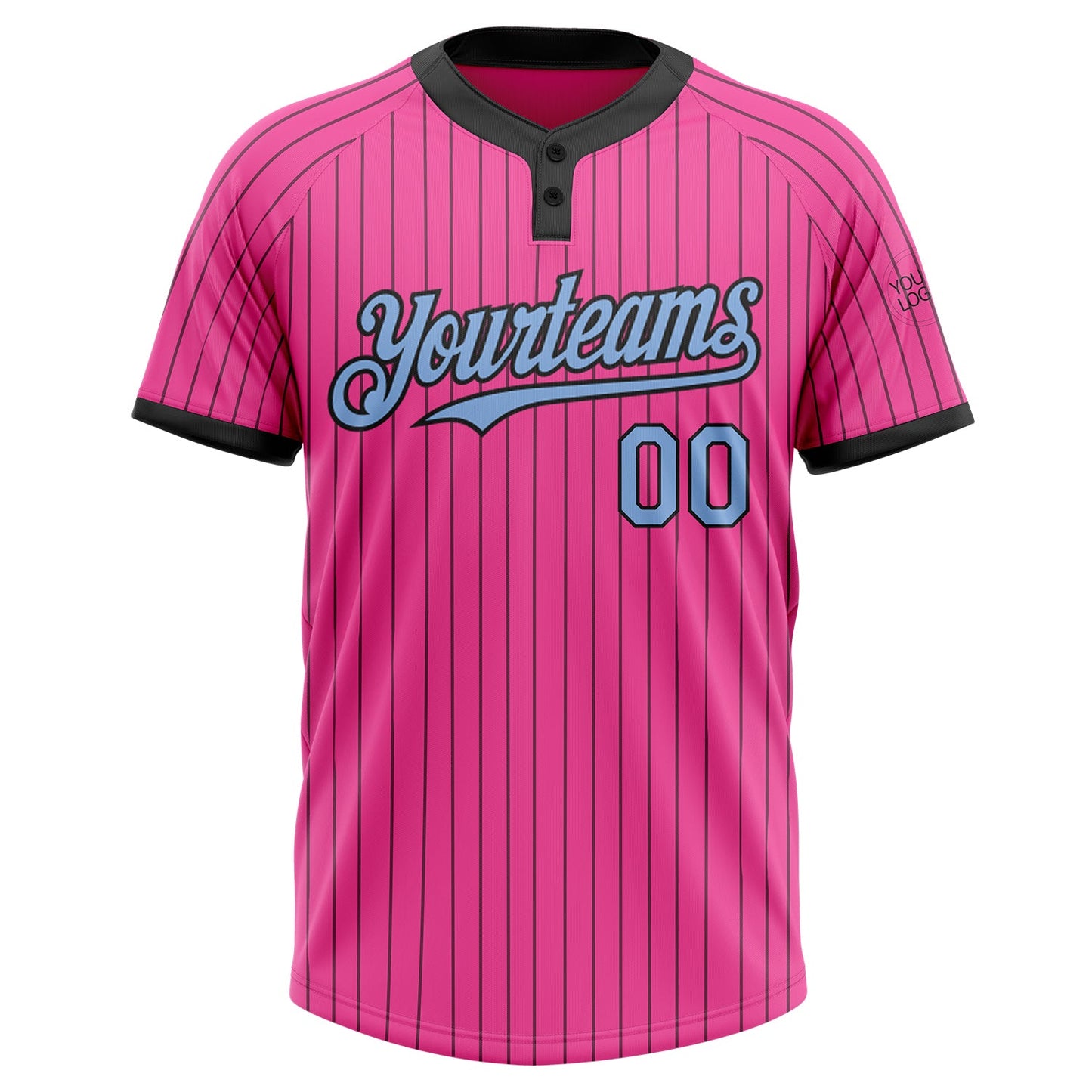 Custom Pink Black Pinstripe Light Blue Two-Button Unisex Softball Jersey view 2