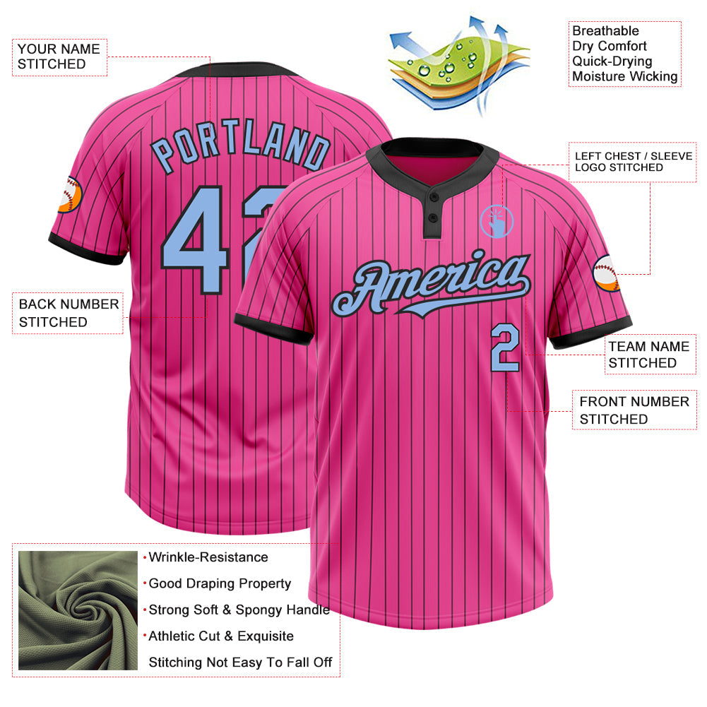 Custom Pink Black Pinstripe Light Blue Two-Button Unisex Softball Jersey view 3