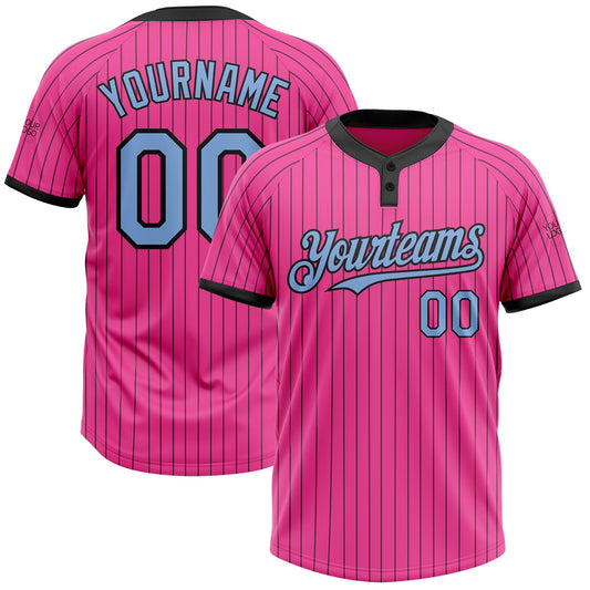 Custom Pink Black Pinstripe Light Blue Two-Button Unisex Softball Jersey - Main View