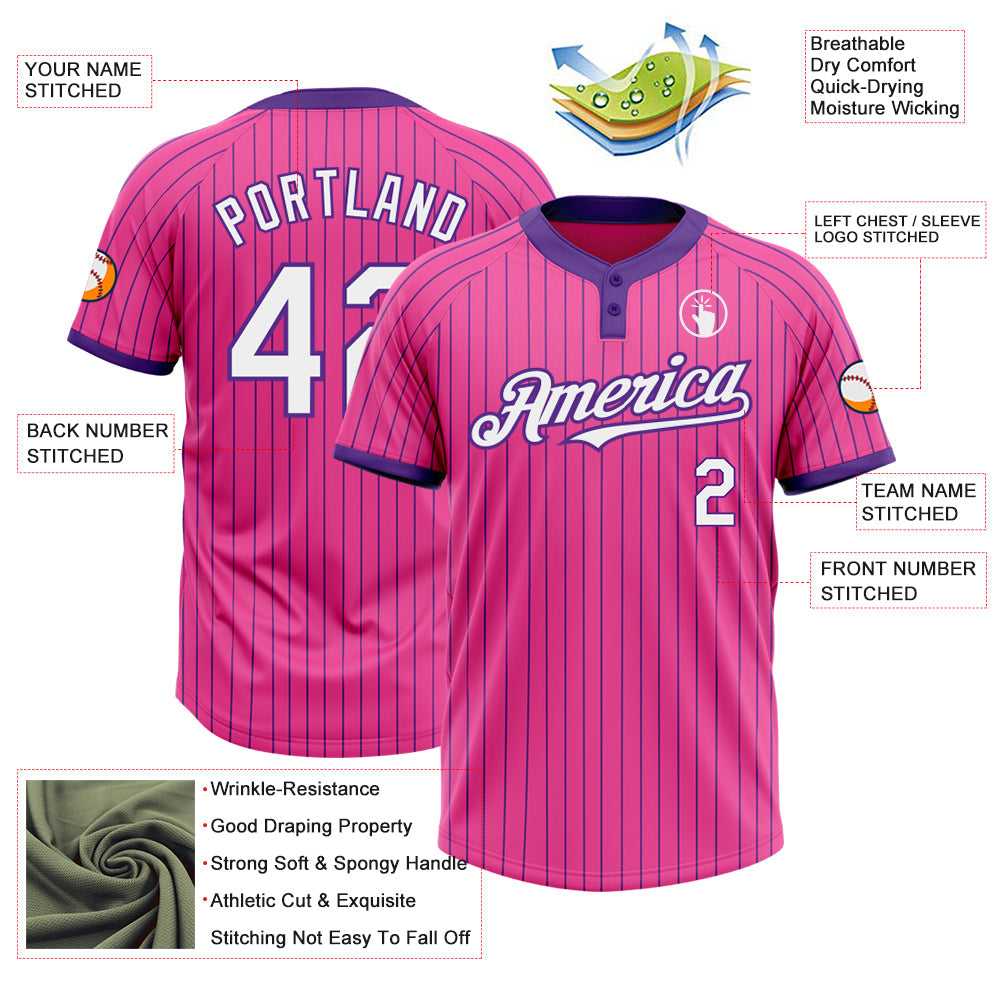 Custom Pink Purple Pinstripe White Two-Button Unisex Softball Jersey view 3
