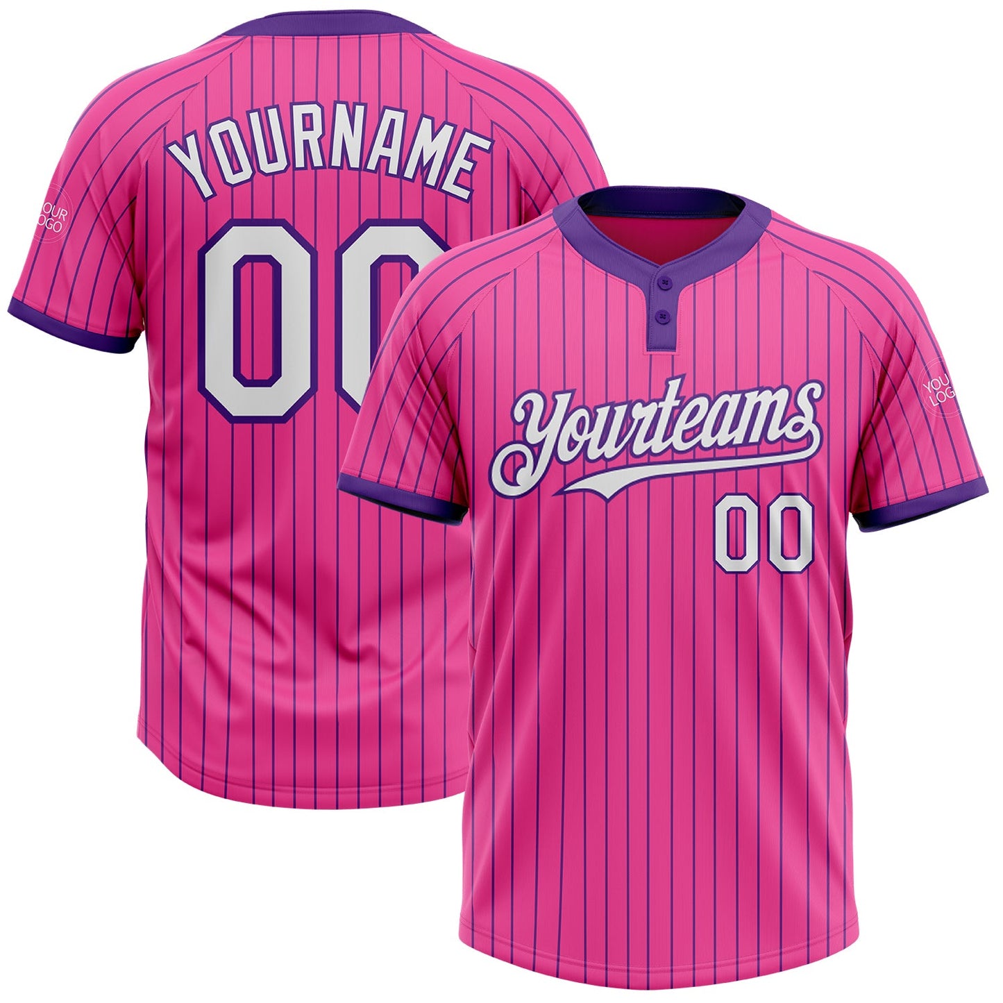 Custom Pink Purple Pinstripe White Two-Button Unisex Softball Jersey - Main View