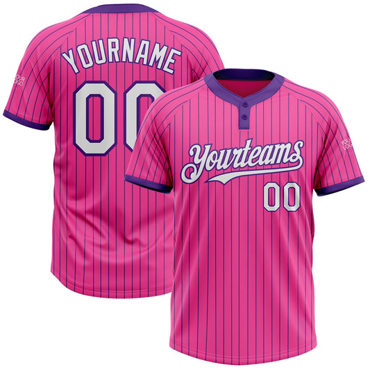 Custom Pink Purple Pinstripe White Two-Button Unisex Softball Jersey - Main View