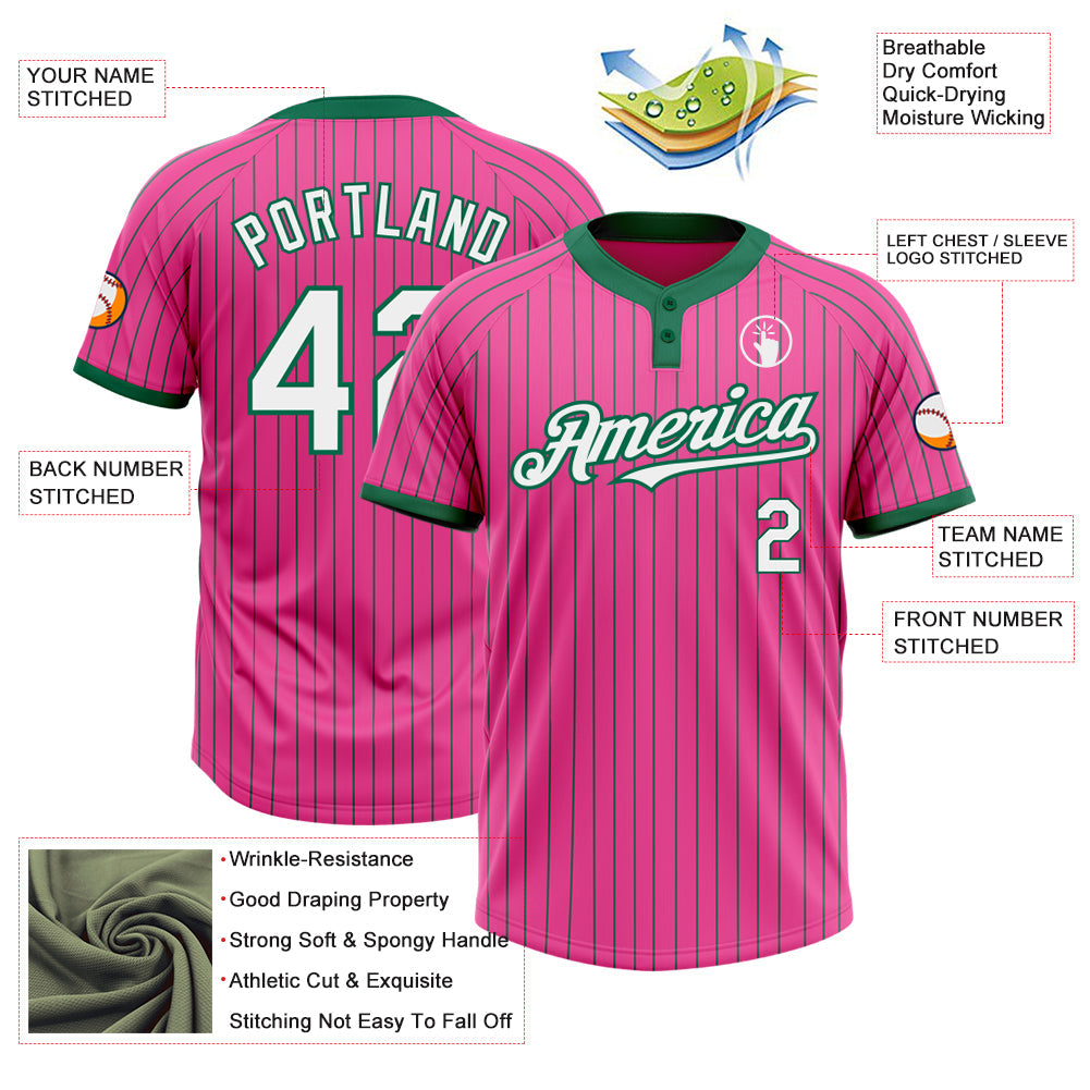 Custom Pink Kelly Green Pinstripe White Two-Button Unisex Softball Jersey view 3